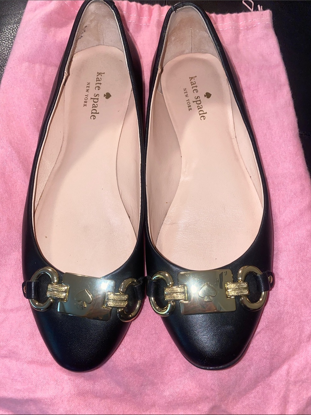 kate spade black leather ballet flats with gold-tone hardware